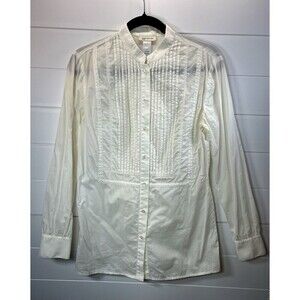 VTG Jones New York Sport Top Creamy Ivory Pintuck Beaded Banded Collar Womens S